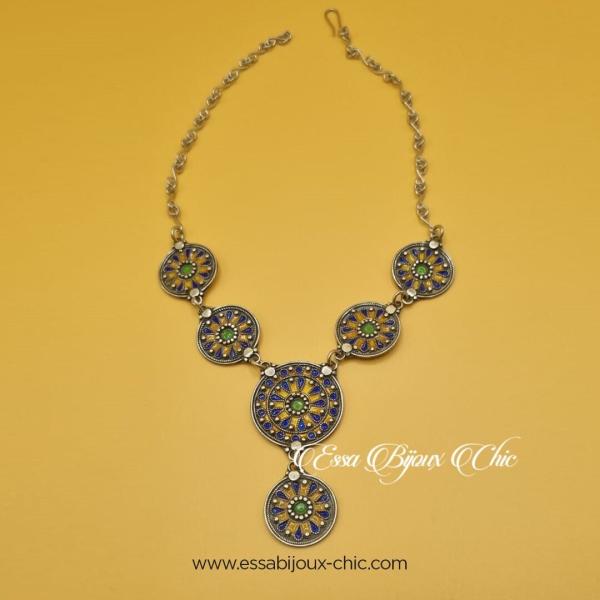 Collier ajustable en argent et’émail vert, jaune et bleu Mogador montée surchaîne en argent
